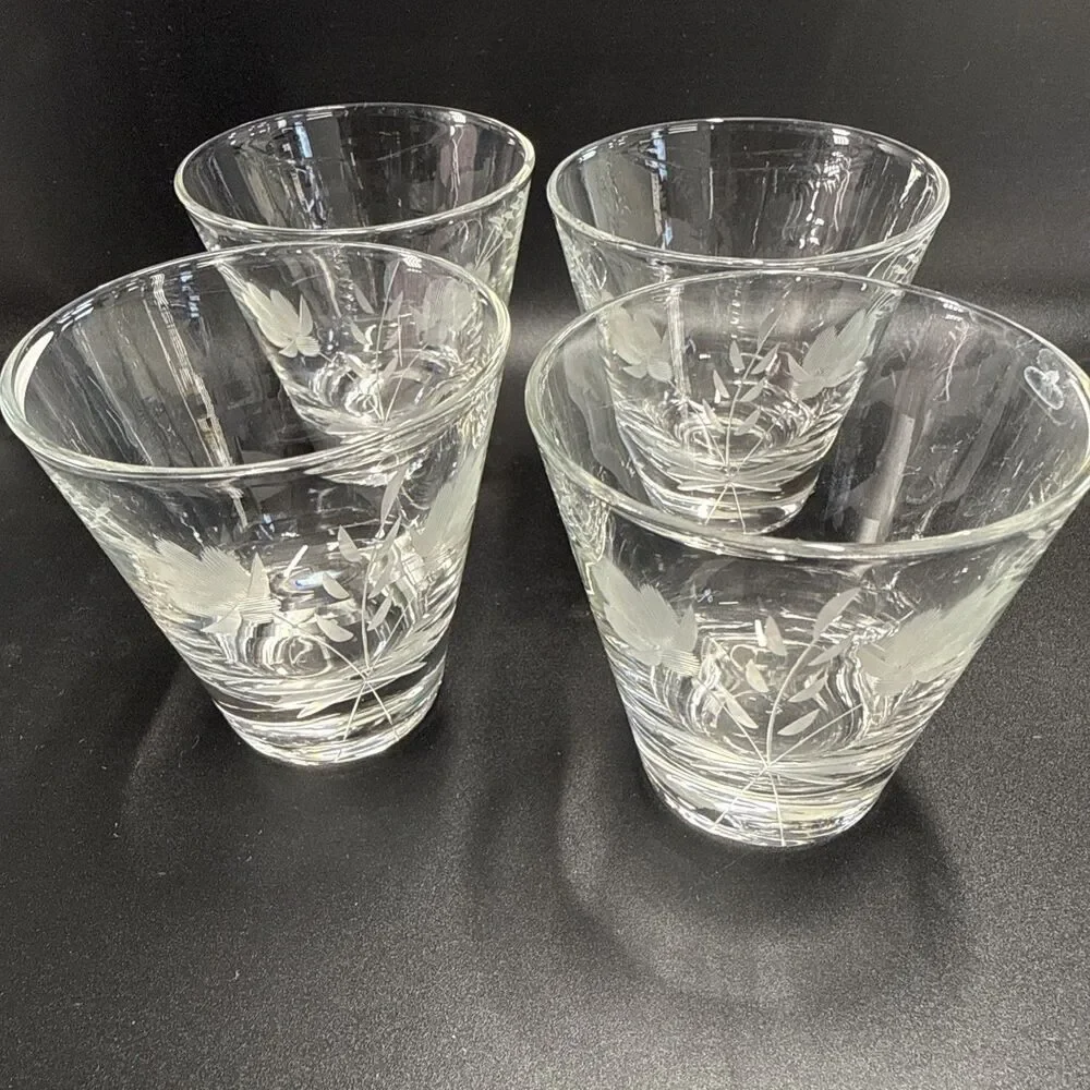 Set of 4 Etched Glass Tumblers Vintage Barware - 1960's Floral-Wheat Design